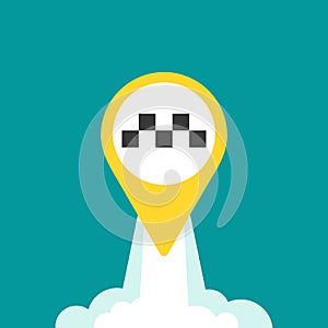 Taxi rocket pin with acceleration clouds. Vector taxi mobile app icon. Call a taxi online, mobile application