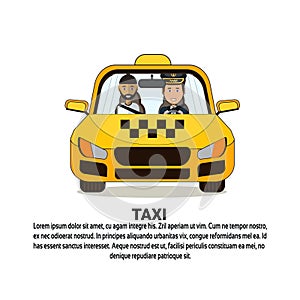 Taxi Service Banner With Driver And Male Passenger In Yellow Car Cab Over Background With Copy Space