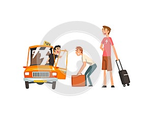 Taxi Service, Car Driver and Passengers Cartoon Vector Illustration