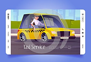 Taxi service cartoon landing page, driver in car