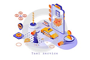 Taxi service concept in 3d isometric design. Online taxi booking