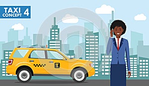 Taxi service concept. Detailed illustration of african american businesswoman on background with taxi and cityscape in