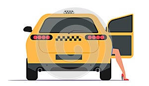 Taxi Service Concept. Woman Passenger Sitting in Yellow Car with Open Door and Leg Stand Outside, Sexy Female Character