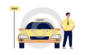 Taxi service. Driver stand near yellow car. Isolated happy man near city transport. Taxi stop vector illustration