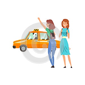 Taxi Service, Female Clients Hailing a Taxi Car Cartoon Vector Illustration