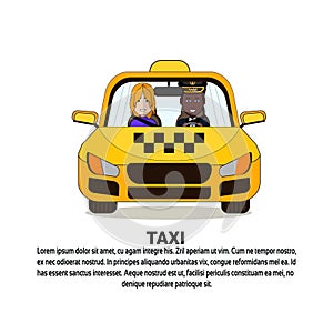 Taxi Service Icon African American Driver And Male Passenger In Yellow Cab Automobile Car Over Background With Copy