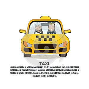 Taxi Service Icon Driver And Female Passenger In Yellow Cab Automobile Car Over Background With Copy Space