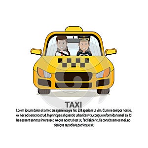 Taxi Service Icon Driver And Male Passenger In Yellow Cab Automobile Car Over Background With Copy Space