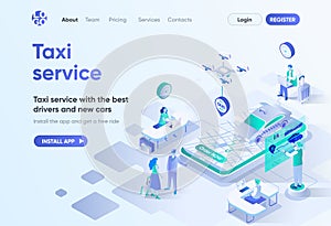 Taxi service isometric landing page. Best drivers and new cars, city transfer, passenger transportation. Online taxi order