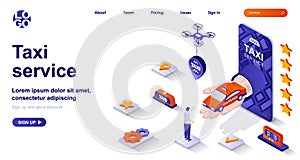 Taxi service isometric landing page. Passenger transportation mobile app isometry concept. Booking car transfer, carsharing 3d web