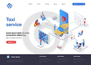 Taxi service isometric landing page. Web application for online taxi order, booking service, passenger transportation