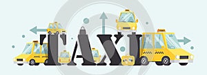 Taxi service label, vector illustration. Fast and reliable cab company, popular city transport. Yellow car in cartoon