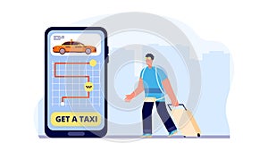 Taxi service. Online app for transportation. Guy with luggage using mobile car rent. Touristic concept, travel and