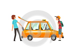 Taxi Service, People Catching Car, Young Man Putting Luggage in Trunk Cartoon Vector Illustration