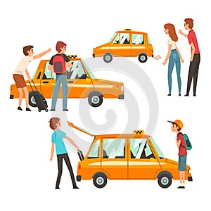 Taxi Service Set, Clients Waving to Taxi, Man Putting Luggage in Car Vector Illustration