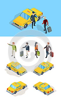 Taxi service. Travellers passengers call taxi with luxury driver professional chauffeurs yellow isometric cars vector