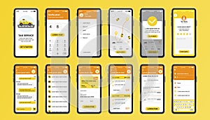Taxi service unique design kit for mobile app. Online taxi booking screens with route, chat, rating and taxi fare. Transportation