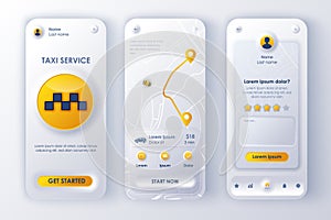 Taxi service unique neomorphic design kit for mobile app neomorphism style. Online taxi booking screens with route. Transportation