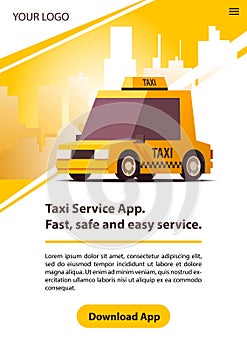 Taxi Service with Yellow Retro Cab. Vector Illustration.