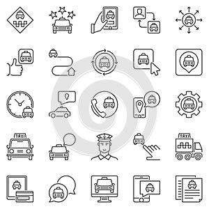 Taxi services icons set. Vector taxi car, app, driver signs