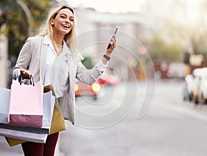 Taxi, shopping and happy woman with bags in city for sale notification, retail bargain or boutique deal. Fashion, street