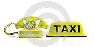 Taxi sign and old telephone isolated on white background. 3d illustration