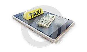 Taxi smartphone dollar on a white background 3D illustration, 3D rendering