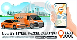 Taxi & trucking industry app banner. City skyline modern buildings hi-tech & taxi cab also smartphone gps map in hand. Concept tem