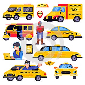 Taxi vector taxicab transport driver man character in yellow car transportation illustration set of city cab auto on