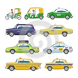 Taxi vector taxicab transport and yellow car transportation illustration set of city cab auto on taxi-rank and taxi