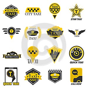 Taxi web icons set yellow checkered flag, star, wings