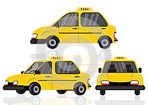 Taxi yellow car cab isolated on white background for animation, front, side, 3-4 view character.