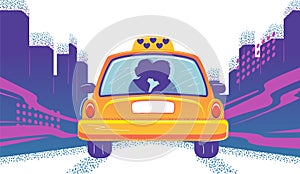 Taxicab with couple in cartoon style. Love taxi on flat city skyline background. Cab on road vector romantic photo