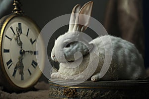 taxidermy of the white rabbit from Alice in Wonderland