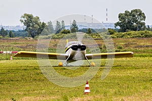 Taxiing of a small sports plane on the airfield