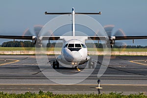 Taxiing turboprop airplane from the runway