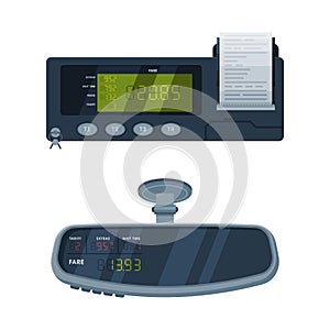 Taximeter as Electronic Device Installed in Taxicab for Calculating Passenger Fare Vector Set