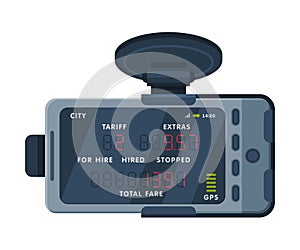 Taximeter Device, Electronic Measurement Appliance with Buttons and Screen for Taxi Car Vector Illustration on White