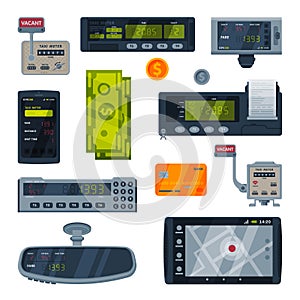 Taximeter Devices Set, Taxi Service Calculating Equipment, Electronic Measurement Appliances Vector Illustration on