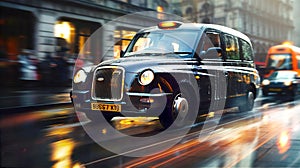 Taxis and cars in movement with motion blur, lights and people walking on city street.