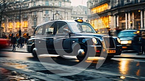 Taxis and cars in movement with motion blur, lights and people walking on city street.