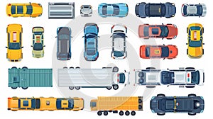 Taxis and SUVs, freight trucks, emergency automobiles. From above, road transport types, police vehicles, lorries
