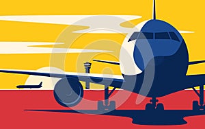 On a taxiway. Flat style vector illustration of the airliner at