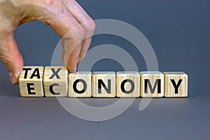 Taxonomy or economy symbol. Businessman turns cubes, changes the word economy to taxonomy. Beautiful grey table, grey background,