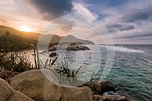 Tayrona natural national park in Sierra Nevada, Colombia. Sunset HDR landscape picture of Tayrona Parg from Cabo San Juan del Guya