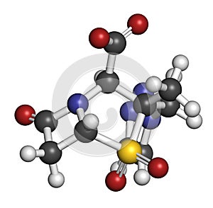 Tazobactam drug molecule. Inhibitor of bacterial beta-lactamase enzymes. 3D rendering. Atoms are represented as spheres with.