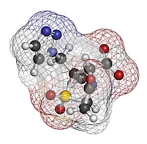 Tazobactam drug molecule. Inhibitor of bacterial beta-lactamase enzymes. 3D rendering. Atoms are represented as spheres with.