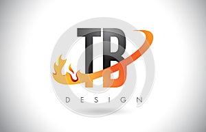TB T B Letter Logo with Fire Flames Design and Orange Swoosh.