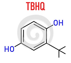 TBHQ or tert-Butylhydroquinone antioxidant preservative molecule. Skeletal chemical formula.