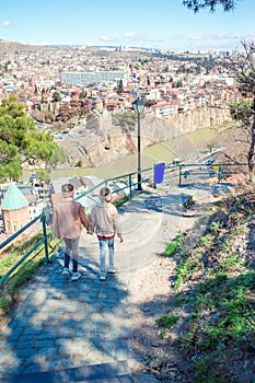 Tbilisi city panorama. Old city, new Summer Rike park, river Kura, the European Square and the Bridge of Peace